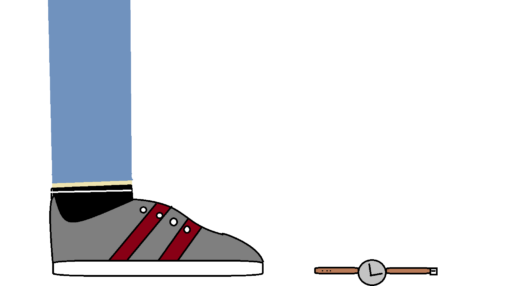 a leg wearing blue jeans a black sock and a red and gray shoe. there is also a watch in the picture