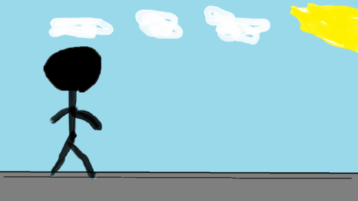 a stick figures out walking. the sky is blue with some clouds and sun. the ground is pavement.