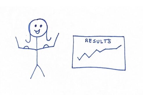 stick figure smiling and flexing muscles because her results increased