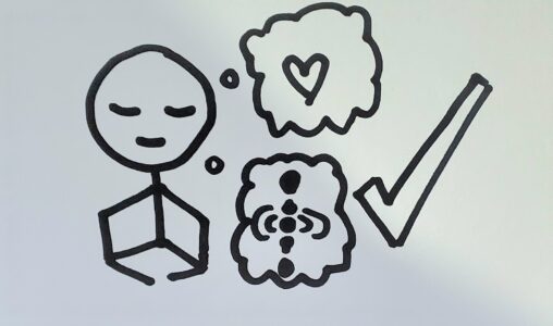 person sitting legs crossed, hands on their knees, with two thought bubbles: a heart and a water drop-ripple, and a large check mark beside the thought bubbles