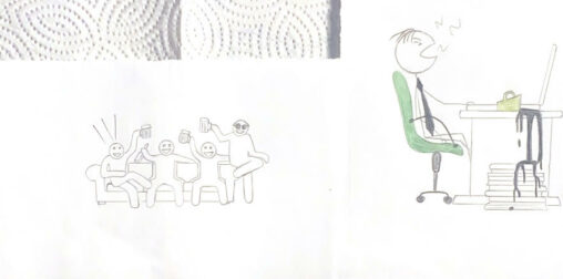 As you can see on the left picture there is a group on stick figures parting and having fun and on the right is someone very tired on their computer