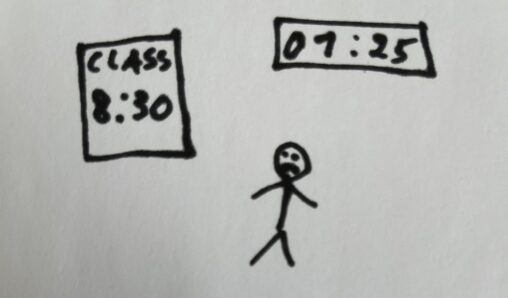 A sad person standing near a calendar, in which it says about the class at 8:30 AM and a clock with 01:25 current time.