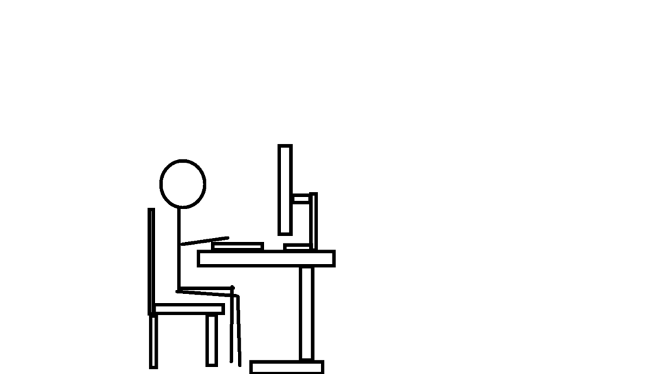 a stick figure in a chair siting at a desk working on a computer.