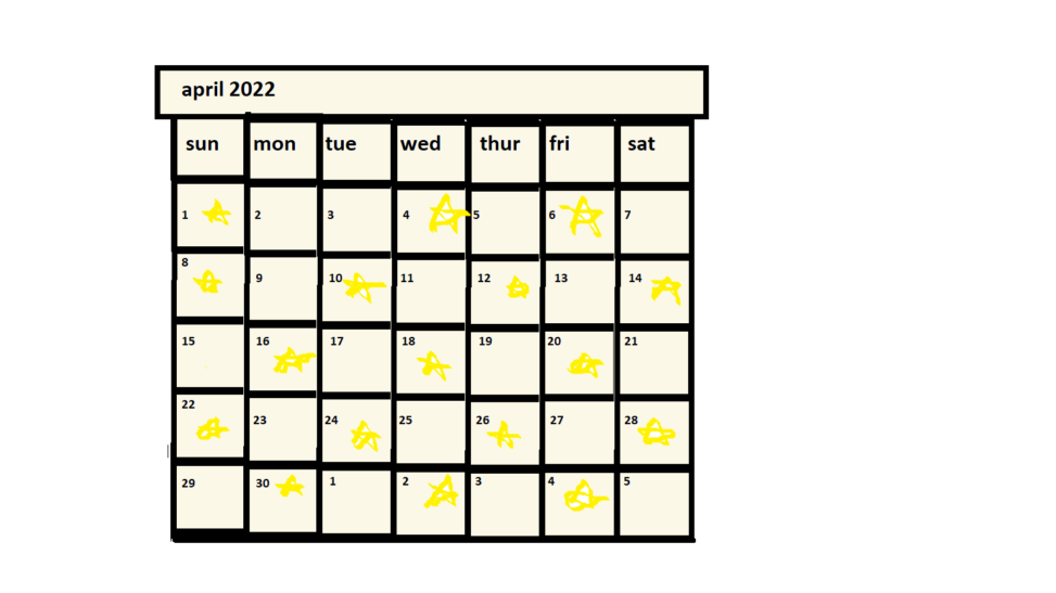 a calendar for April 2022, with gold stars on some of the days