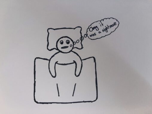 Person laying in bed with thought bubble. \