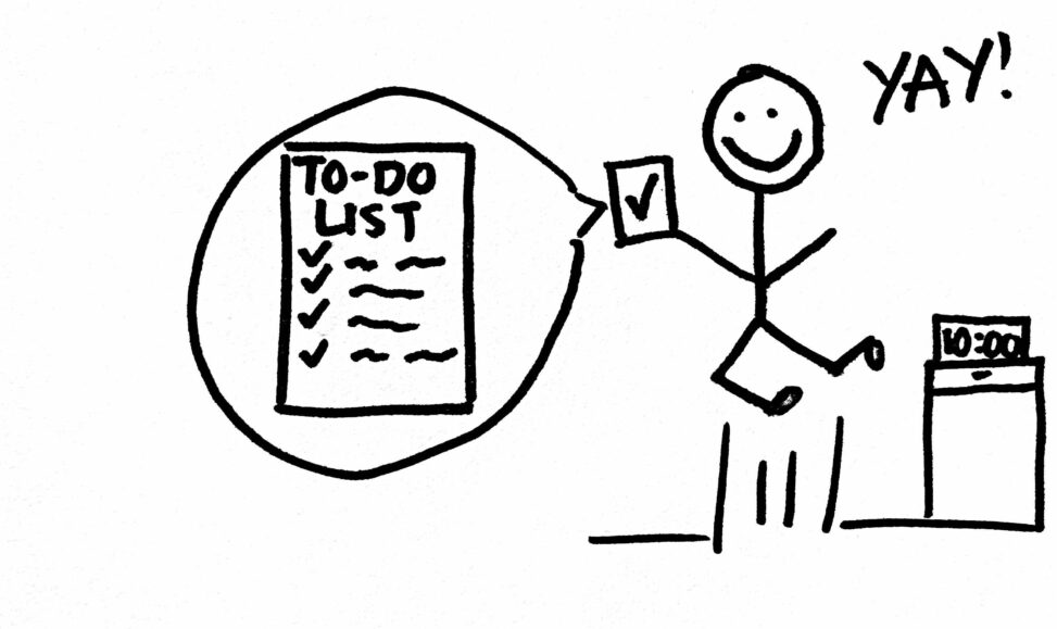A person jumping in the air holding a to-do list that is completed. Clock on the right that says 10:00am.