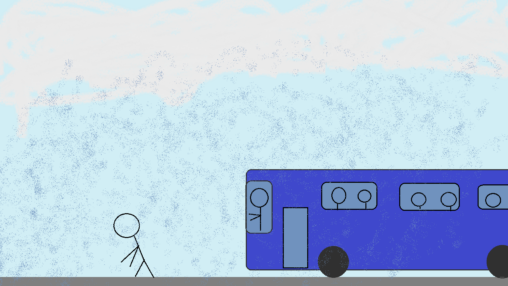 a stick figure struggling to walk, there is a bus to the right full of stick figures, it is a rainy day.