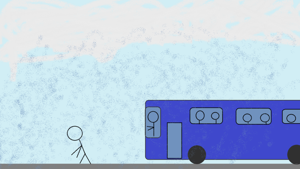 a stick figure struggling to walk, there is a bus to the right full of stick figures, it is a rainy day.